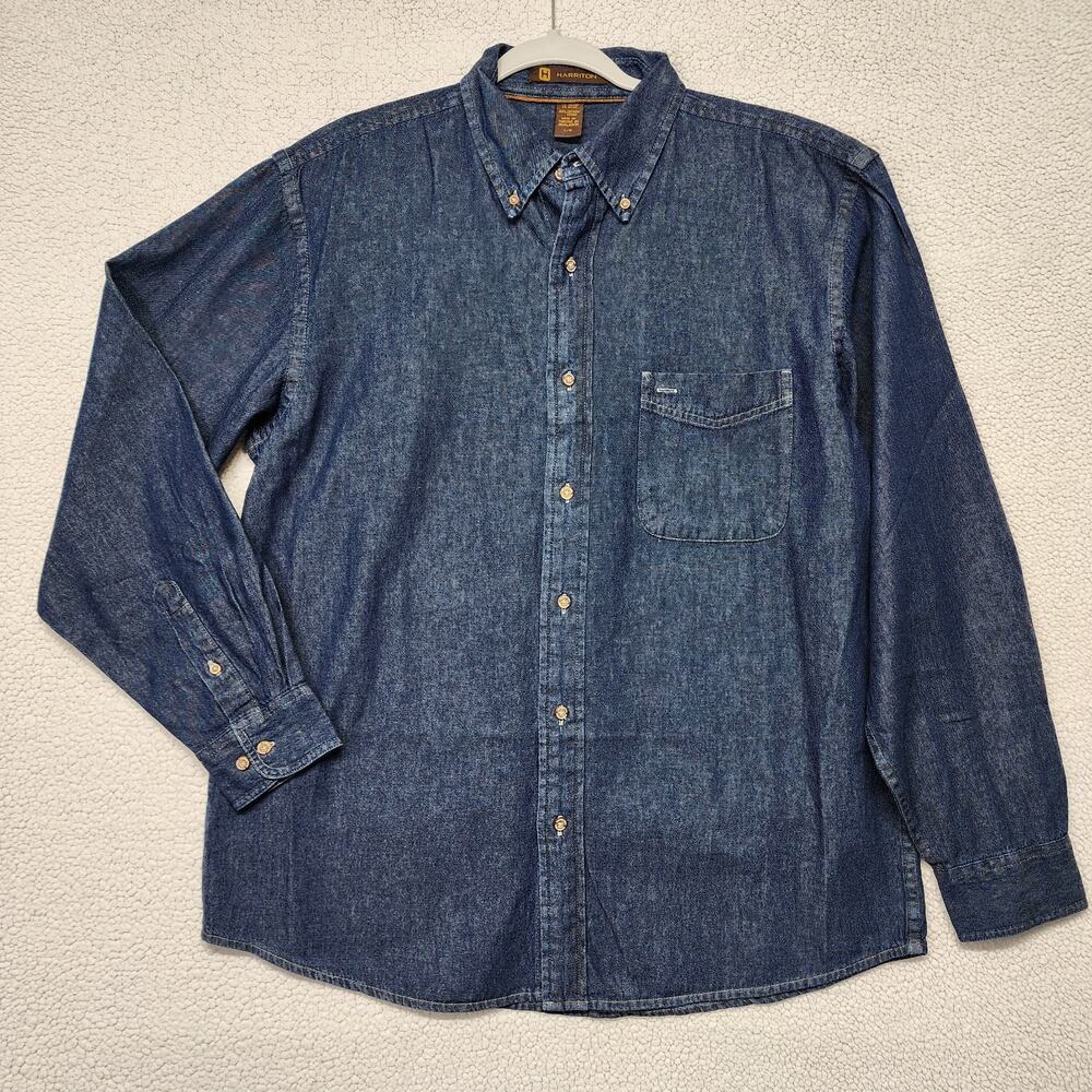 Vintage Harriton Mens Denim Button Down Shirt Size Large Dark Blue Chuck Norris